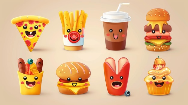 O conjunto inclui personagens de desenhos animados com rostos sorridentes com fast food e bebidas como triângulos de pizza e cachorros-quentes com salsichas copos de plástico de café e panquecas e muffins com