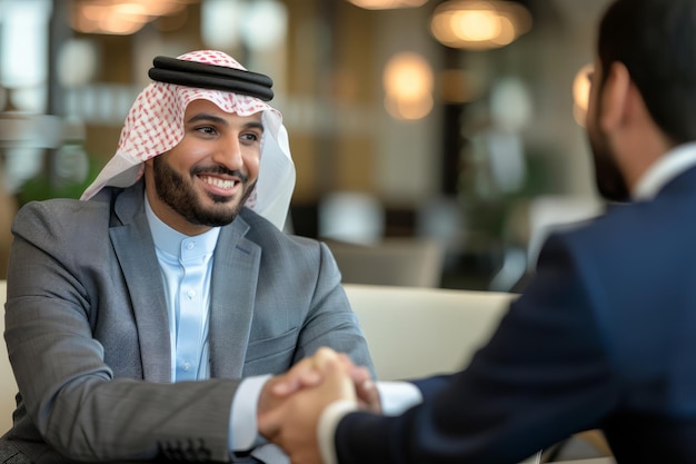 O conselheiro financeiro árabe compartilha um aperto de mão confiante com o recruto masculino significando um