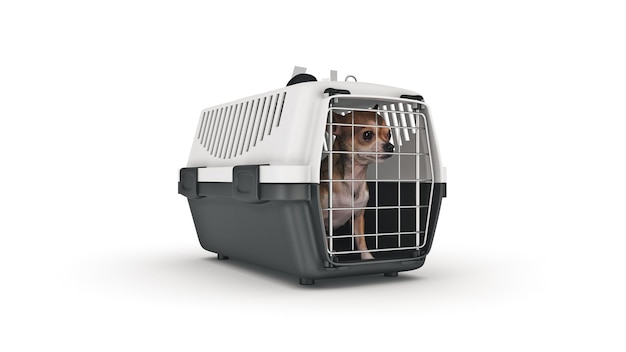 o contêiner para transporte de animais com um cachorrinho pequeno. renderização em 3D