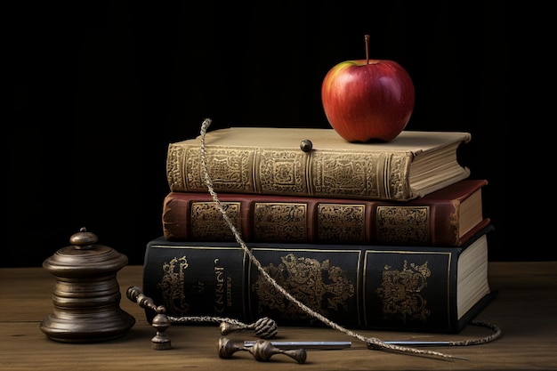O conto encantador Um livro adornado com maçã ornamental e carretel de linha