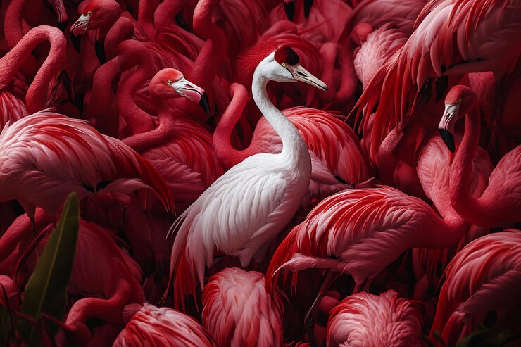 Foto o contraste da elegância do guindaste entre os flamingos em uma cena surrealista