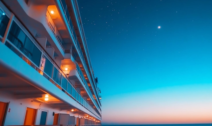 Foto o convés do navio de cruzeiro à noite com o céu estrelado