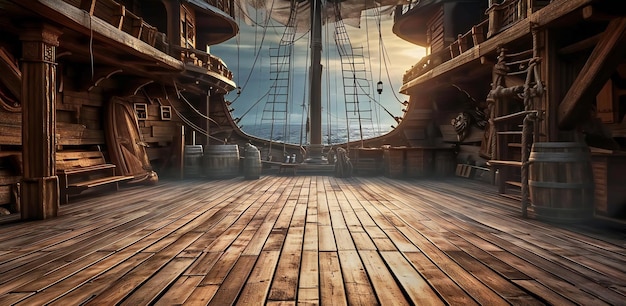 O convés do navio pirata com vista para o mar ao anoitecer
