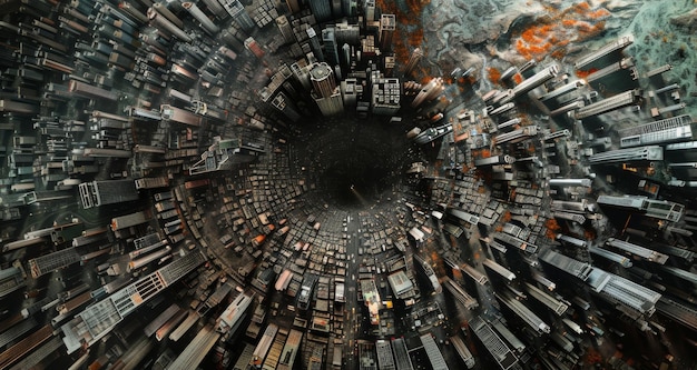 Foto o coração da cidade bate alto e forte, visto de cima, onde as suas estruturas de cimento formam um labirinto.