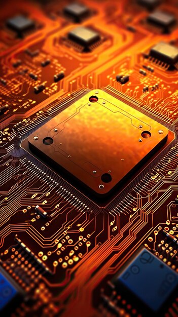 O Coração da Tecnologia Uma visão em close-up de uma placa de circuitos eletrônicos uma placa-mãe em close- up