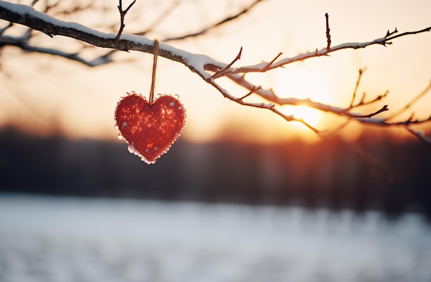 O coração no galho está no pôr-do-sol contra a neve
