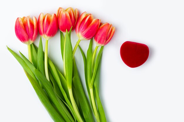 O coração vermelho fechado de veludo deu forma à caixa do anel e ao ramalhete de cinco tulipas vermelhas frescas no fundo branco. presente para dia dos namorados, dia da mulher, aniversário. conceito de proposta de casamento