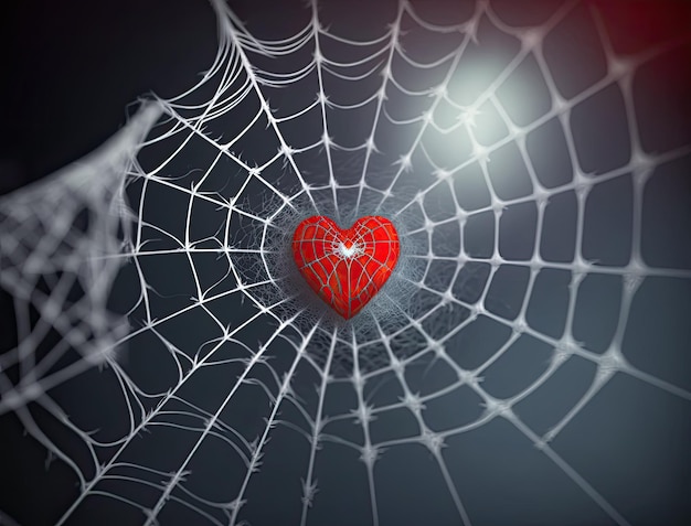 Foto o coração vermelho foi pego na teia de aranha no sentimento de cativeiro de fundo escuro desfocado do conceito de amor