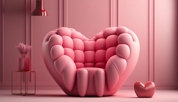 O coração vermelho na poltrona rosa simula o interior mínimo de Generative Ai