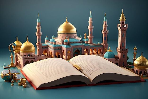 o el Corán y la mezquita celebración islámica eid al adha o hajj ilustración 3D renderización 3D