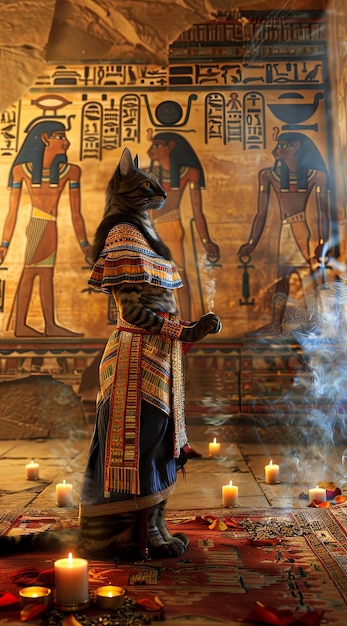 Foto o corpo da deusa egípcia tefnut com uma cabeça de gato em um antigo templo egípcio