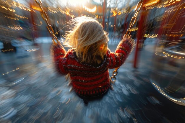 Foto o corpo de uma criança se desfoca enquanto eles se balançam para trás e para a frente em um balanço de playground