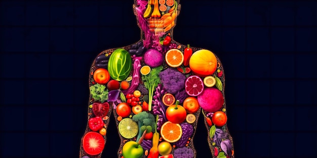 O corpo humano com várias frutas e vegetais ao seu redor