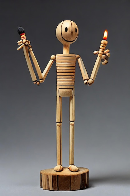 O corpo liso de madeira do fósforo mantém seu modelo de madeira e se parece mais com um fósforo regular com braços e pernas
