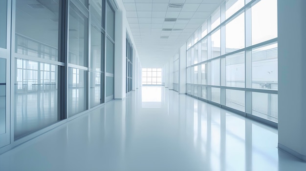 O corredor vazio de um escritório ou instituição médica com janelas panorâmicas e uma perspectiva gerada por IA