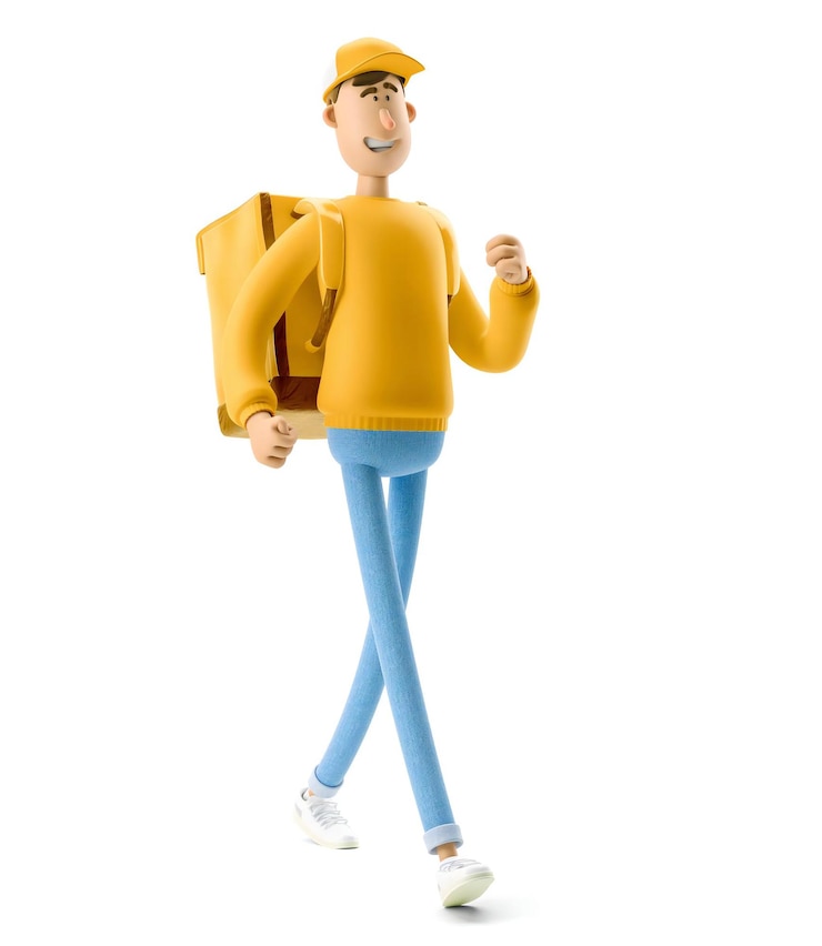 Foto o correio de uniforme amarelo está andando lentamente ilustração 3d personagem de desenho animado conceito de entrega expressa