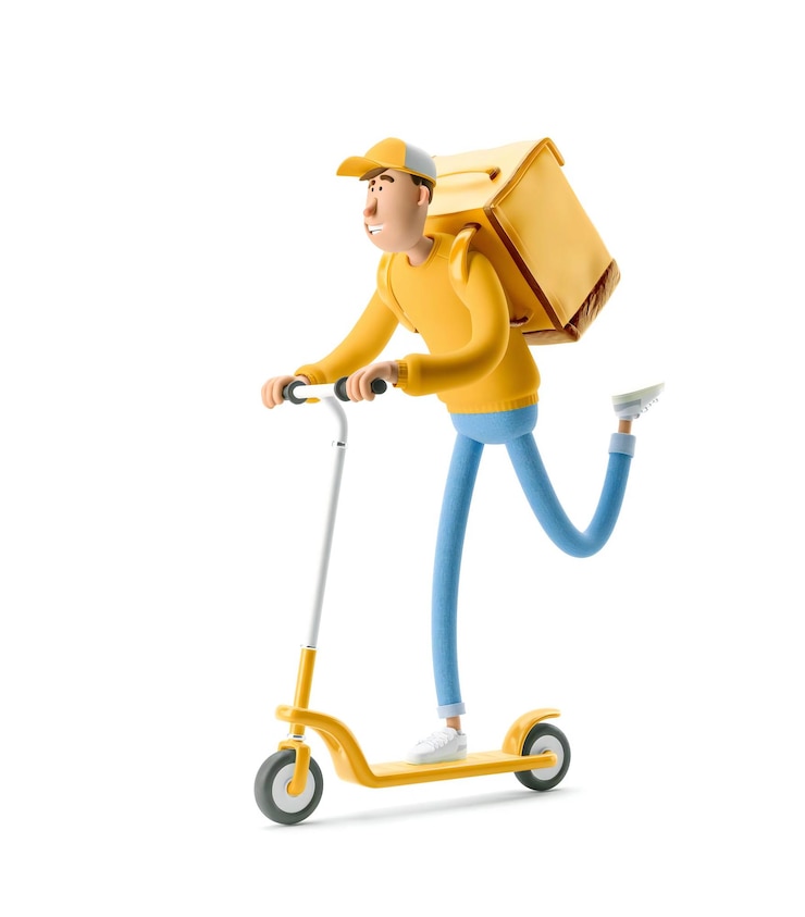 Foto o correio de uniforme amarelo está com pressa para entregar em uma ilustração 3d de scooter personagem de desenho animado conceito de entrega expressa