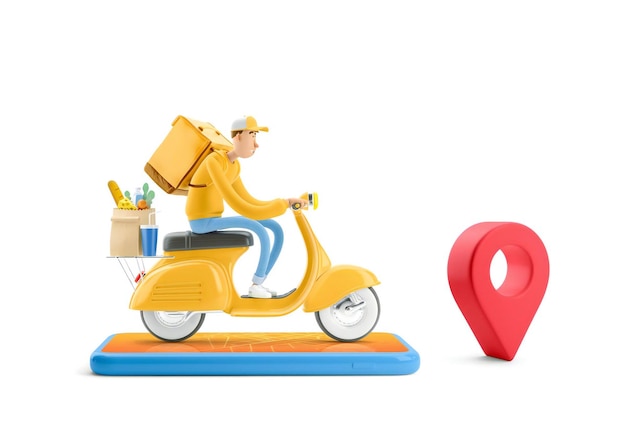 O correio de uniforme amarelo está com pressa para entregar o pedido em uma ilustração 3d de motocicleta Personagem de desenho animado Conceito de entrega expressa online