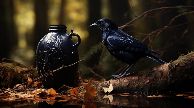 O Corvo encontrou uma jarra de água na floresta.
