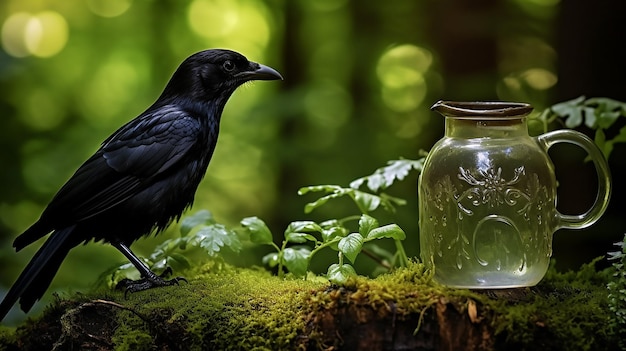 O Corvo encontrou uma jarra de água na floresta.