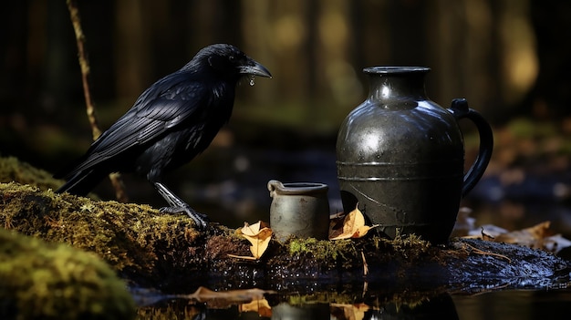 O Corvo encontrou uma jarra de água na floresta.