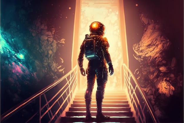 O cosmonauta sobe as escadas Spaceman parado nas escadas futuristas e olhando para a luz no final Pintura de ilustração de estilo de arte digital