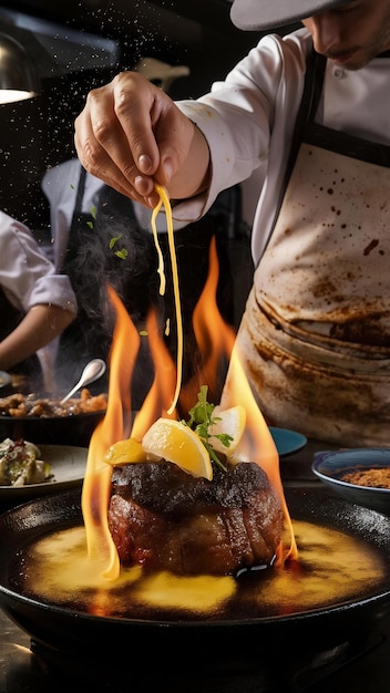 Foto o cozinheiro espalha sumo de limão sobre a carne flambe