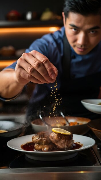 Foto o cozinheiro espalha sumo de limão sobre a carne flambe