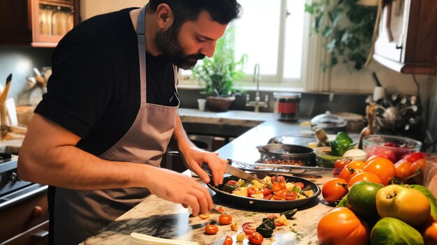 Foto o cozinheiro está a cozinhar.