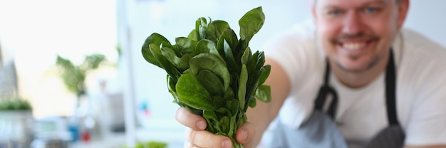 O cozinheiro mantém salada de ameixa verde fresca na cozinha com vegetais