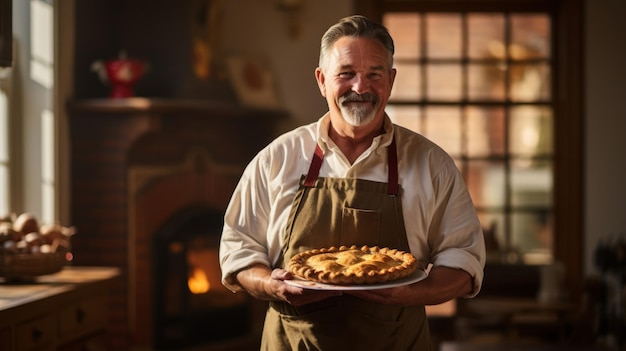 O cozinheiro orgulhoso apresenta uma tarte de crosta dourada numa cozinha aconchegante.