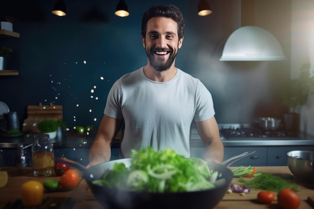 Foto o cozinheiro prepara um prato delicioso e saudável