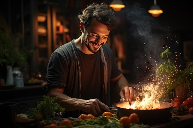 O cozinheiro prepara um prato delicioso e saudável