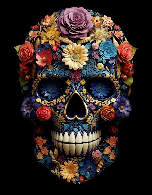 o crânio é feito de flores frescas no estilo de mosaicos coloridos