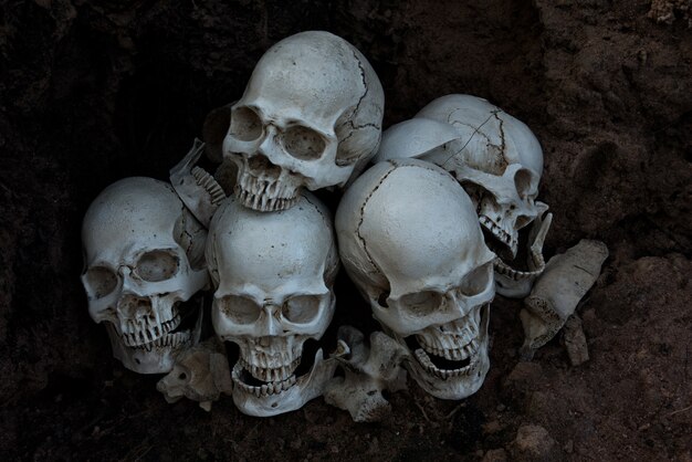 O crânio humano e pilha de ossos em fundo preto, a noite de halloween