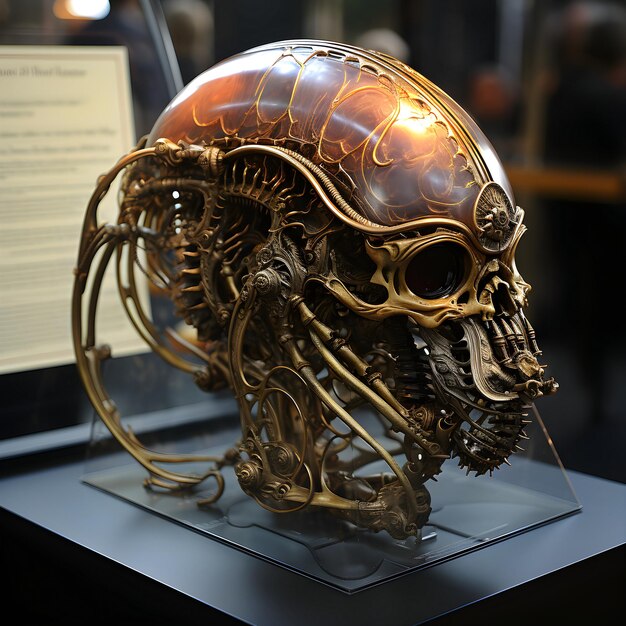 O crânio parece estranhamente uma criatura extraterrestre imaginária instalada numa base para exibição.
