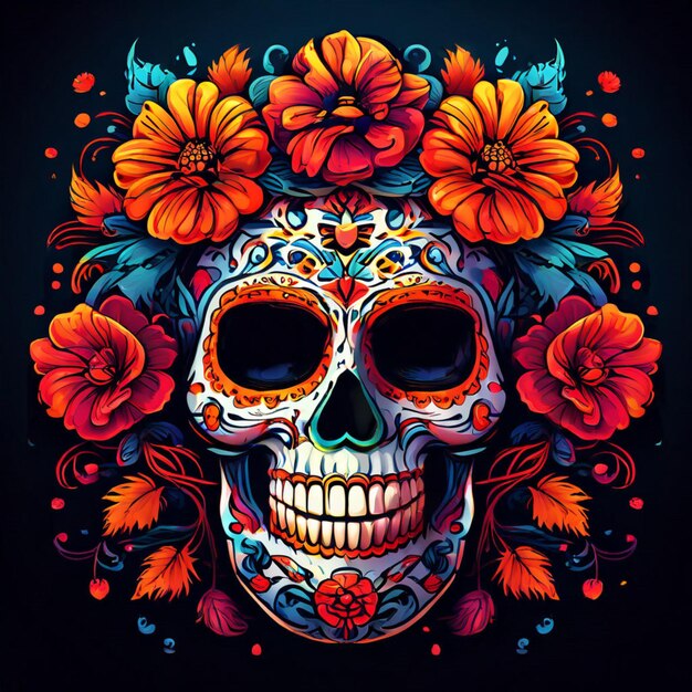 Foto o crânio preto é decorado com flores roxas e cor-de-rosa projeto da de los muertos halloween