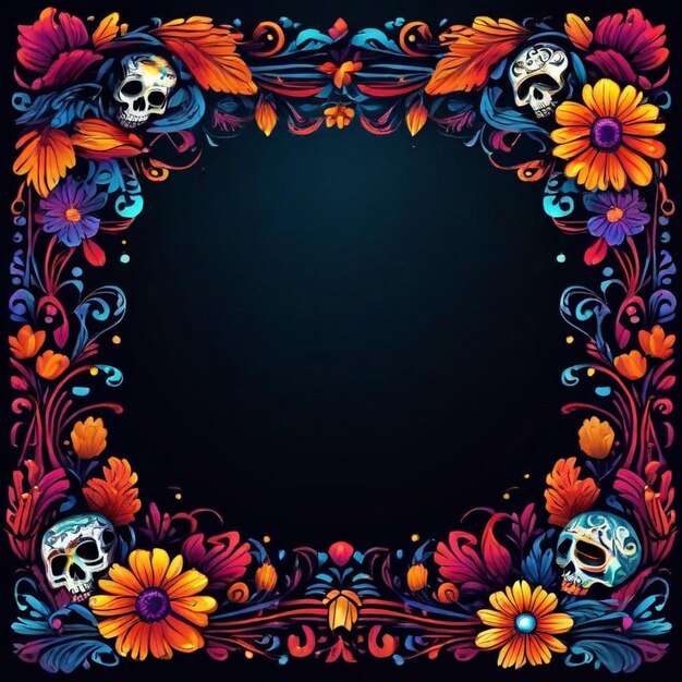 O crânio preto é decorado com flores roxas e cor-de-rosa Projeto Da de los Muertos Halloween