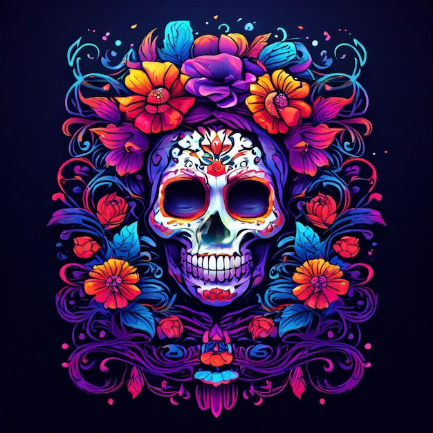 O crânio preto é decorado com flores roxas e cor-de-rosa Projeto Da de los Muertos Halloween