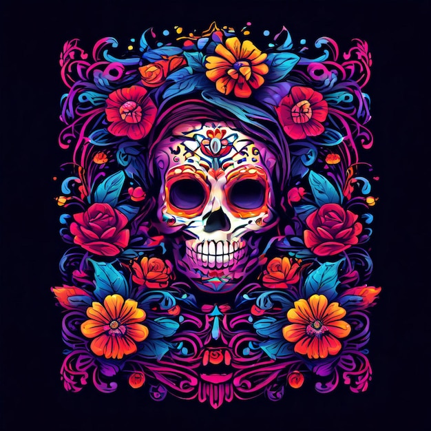 O crânio preto é decorado com flores roxas e cor-de-rosa Projeto Da de los Muertos Halloween