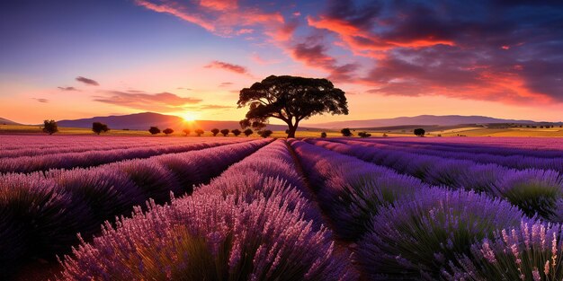 O crepúsculo desce sobre um campo perfumado de lavanda na Provença.