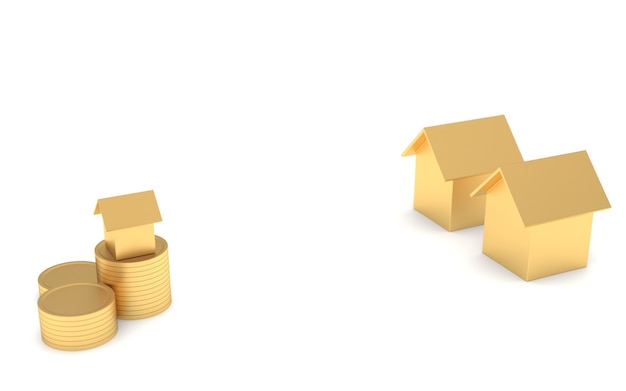 O crescimento da poupança de casa conceito de investimento em casa de projeto imobiliário e ouro. Por um futuro melhor tanto nas finanças quanto na habitação. Renderização 3d