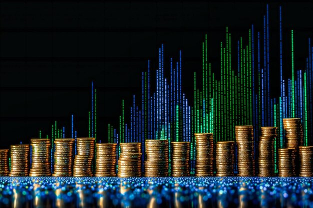 O crescimento hipnotizante de investimentos em ações com pilhas de moedas representando marcos importantes em um fundo dinâmico colorido