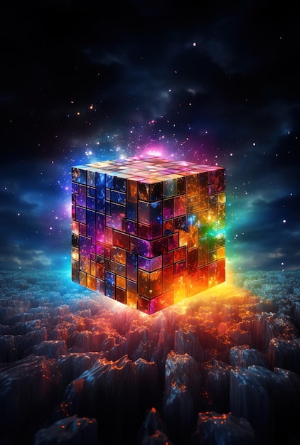 O cubo de Rubik em um neon brilha um cubo em um fundo mágico