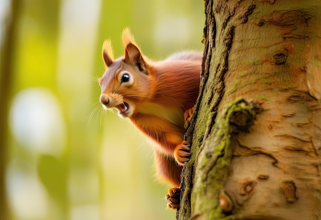 Foto o curioso esquilo vermelho por trás do tronco da árvore
