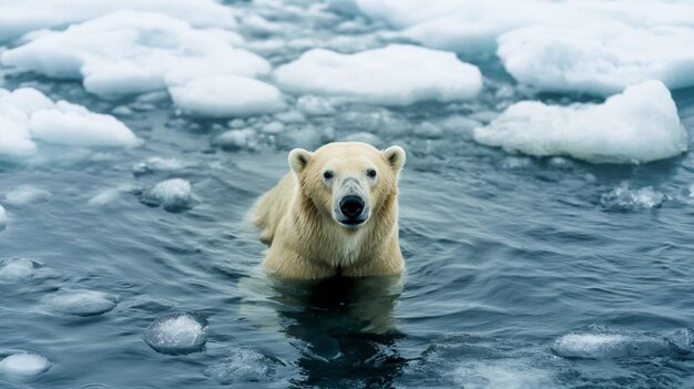 O curioso urso polar em águas geladas