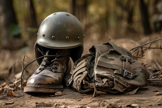 O custo da guerra Imagem solene de um capacete e botas de soldado descansando no campo de batalha
