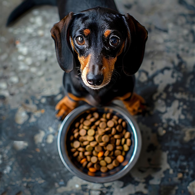 O dachshund atrai a atenção com a tigela de alimentação