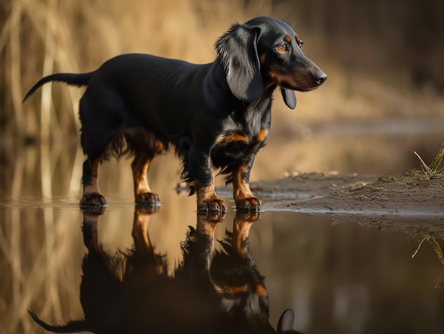 O Dachshund Diligente e Seu Reflexo