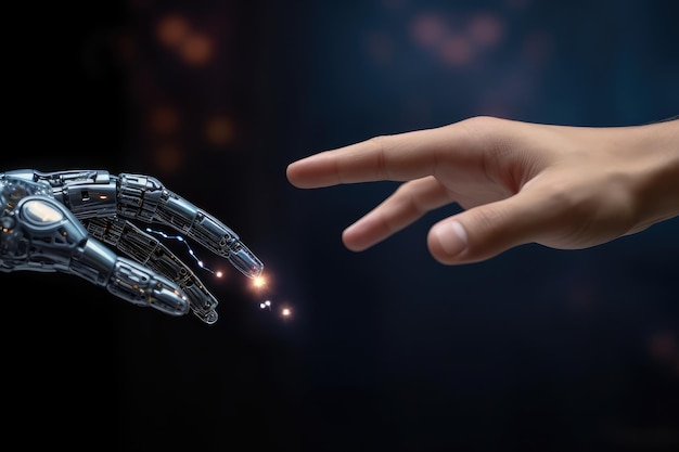 Foto o dedo humano toca delicadamente o dedo de um robô